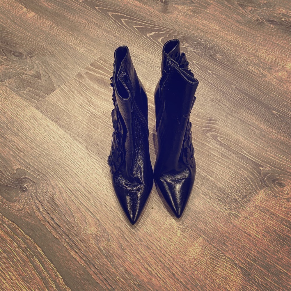 Zara patent flower ankle bootie